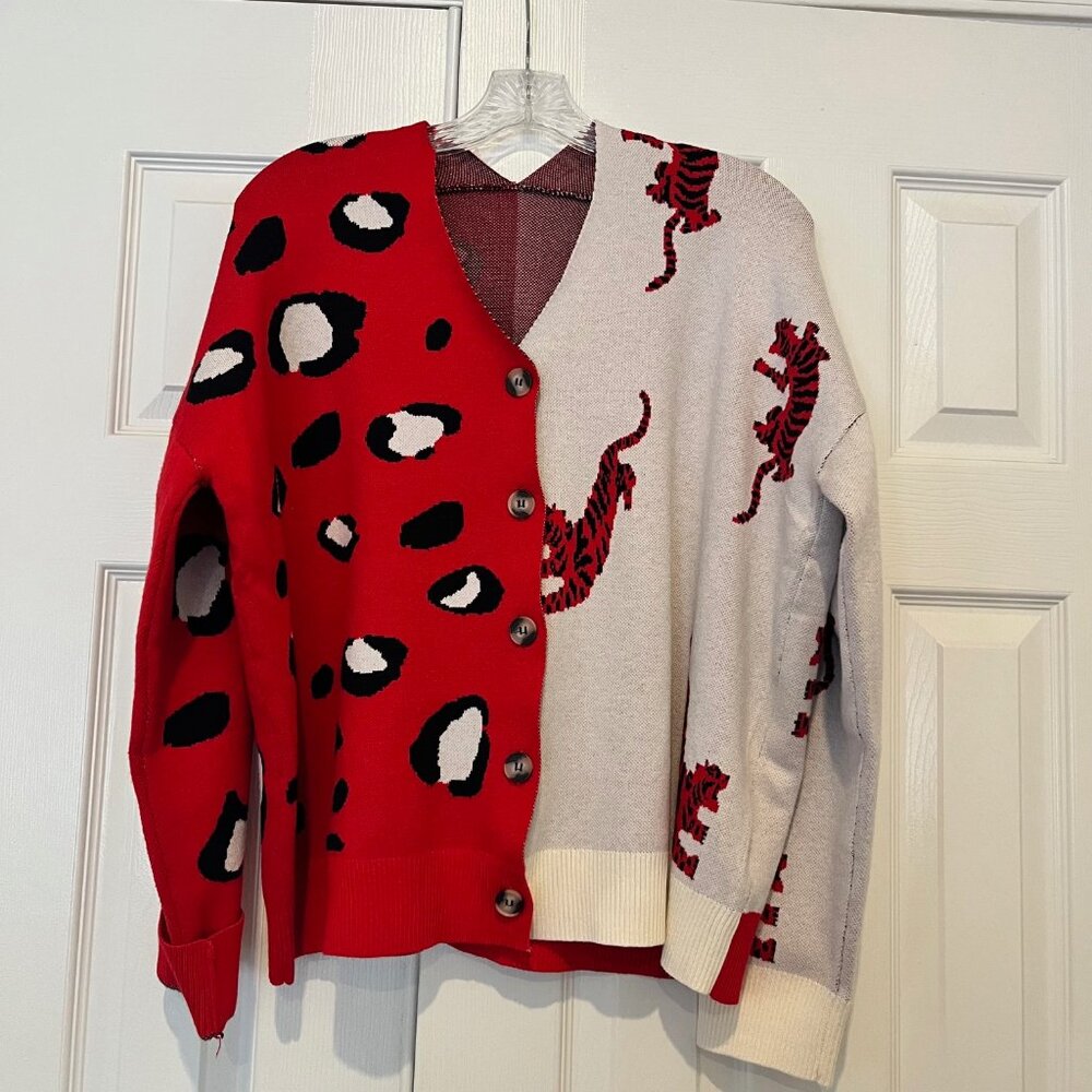 Tiger Print Cardigan V Neck Long Sleeve Color Block Button Down Sweater NWOT L